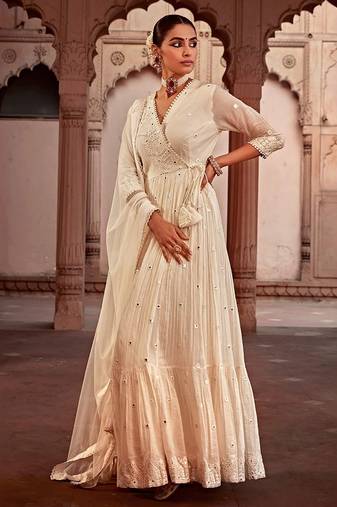 Elegant white pure cotton angrakha anarkali with foil mirror and thread embroidery work