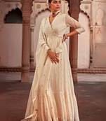 Elegant white pure cotton angrakha anarkali with foil mirror and thread embroidery work