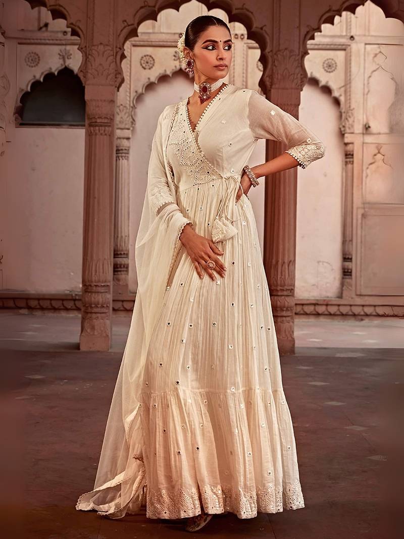 Elegant white pure cotton angrakha anarkali with foil mirror and thread embroidery work
