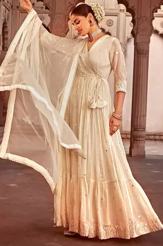 Elegant white pure cotton angrakha anarkali with foil mirror and thread embroidery work