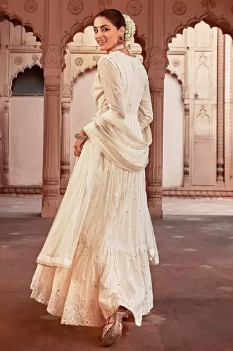Elegant white pure cotton angrakha anarkali with foil mirror and thread embroidery work