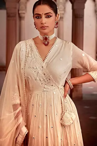 Elegant white pure cotton angrakha anarkali with foil mirror and thread embroidery work