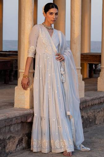 Designer blue pure cotton angrakha anarkali with foil mirror and thread embroidery work
