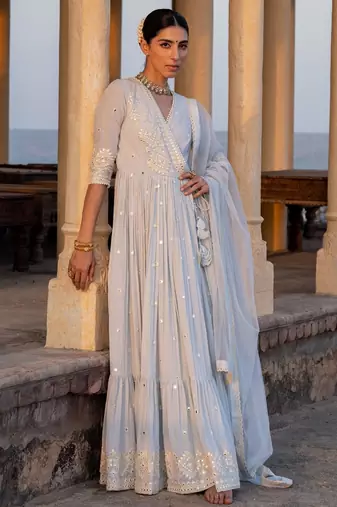 Designer blue pure cotton angrakha anarkali with foil mirror and thread embroidery work