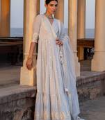 Designer blue pure cotton angrakha anarkali with foil mirror and thread embroidery work