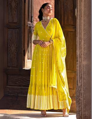 Radiant yellow angrakha anarkali in pure cotton with intricate thread and mirror embroidery 1