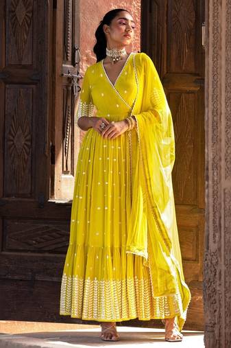 Radiant yellow angrakha anarkali in pure cotton with intricate thread and mirror embroidery