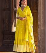 Radiant yellow angrakha anarkali in pure cotton with intricate thread and mirror embroidery