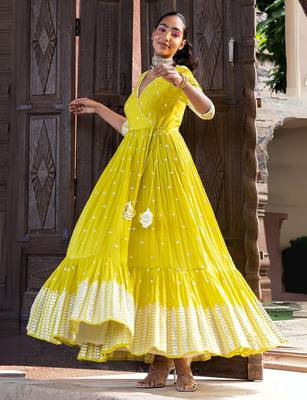 Radiant yellow angrakha anarkali in pure cotton with intricate thread and mirror embroidery 2