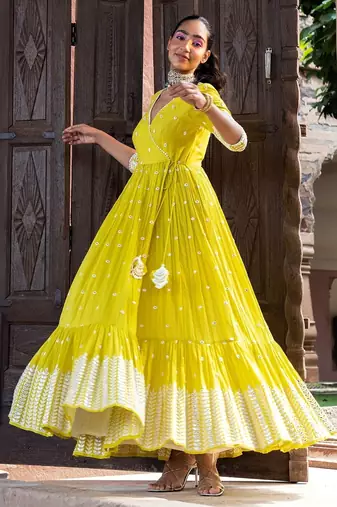 Radiant yellow angrakha anarkali in pure cotton with intricate thread and mirror embroidery