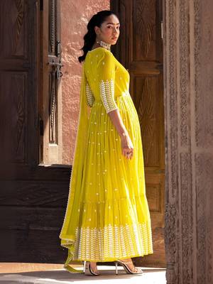 Radiant yellow angrakha anarkali in pure cotton with intricate thread and mirror embroidery 3