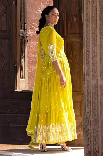 Radiant yellow angrakha anarkali in pure cotton with intricate thread and mirror embroidery