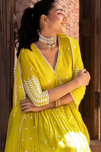Radiant yellow angrakha anarkali in pure cotton with intricate thread and mirror embroidery