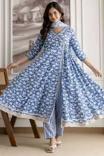 Trendmalls women's pure cotton embroidery work printed angrakha