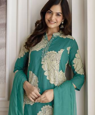 Trendmalls women's pure cotton embroidery work printed kurta pant with dupatta set 6