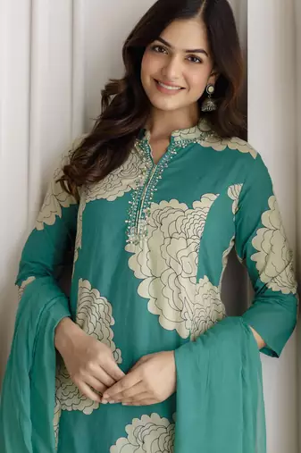 Trendmalls women's pure cotton embroidery work printed kurta pant with dupatta set