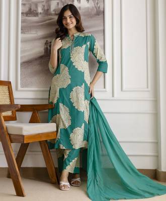Trendmalls women's pure cotton embroidery work printed kurta pant with dupatta set 7