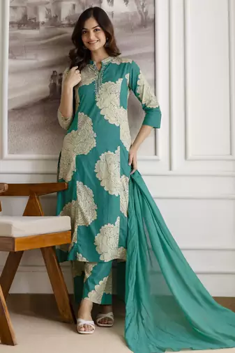 Trendmalls women's pure cotton embroidery work printed kurta pant with dupatta set