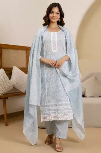 Trendmalls women's pure cotton floral printed kurta pant with dupatta set