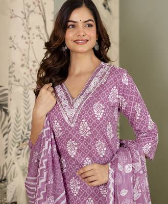 women's pure cotton embroidery work printed kurta pant with dupatta set 5