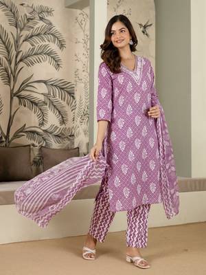 women's pure cotton embroidery work printed kurta pant with dupatta set 6