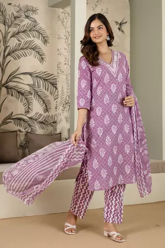 Trendmalls women's pure cotton embroidery work printed kurta pant with dupatta set