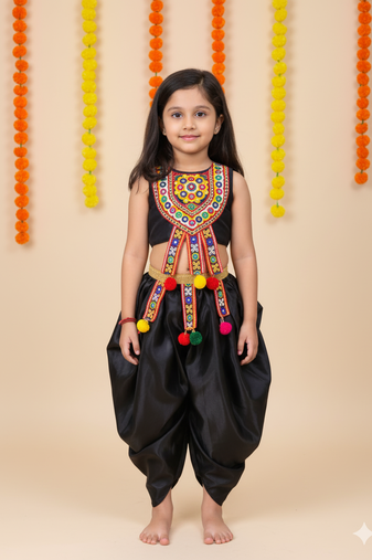 girls black silk dhoti set with aari embroidery work