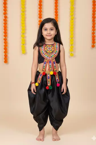 girls black silk dhoti set with aari embroidery work