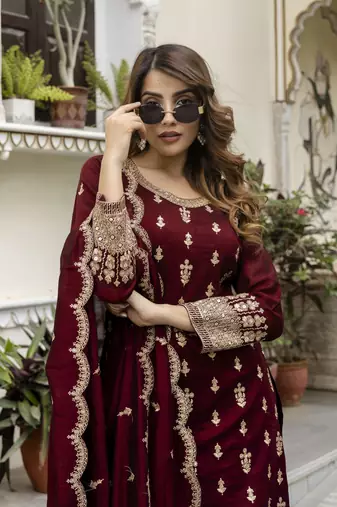 Trendmalls women's art silk embroidery sequence work kurta pant set with dupatta for women