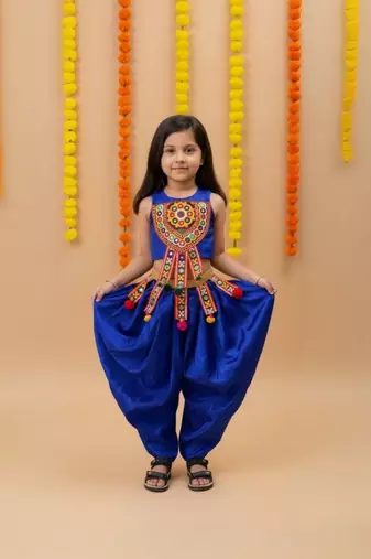 girls blue satin dhoti set with embroidered aari work