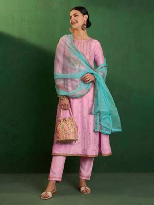 Art silk embroidery sequins kurta pant set with dupatta for women 5