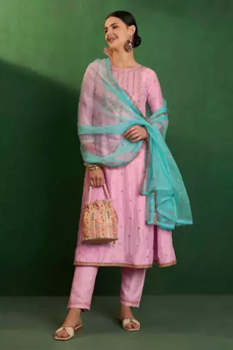 Trendmalls Art silk embroidery sequins kurta pant set with dupatta for women
