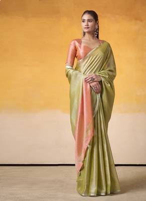 Olive tissue silk with beautiful tussle on pallu casual & office wear saree 1