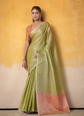 Olive tissue silk with beautiful tussle on pallu casual & office wear saree 2