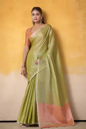 Olive tissue silk with beautiful tussle on pallu casual & office wear saree