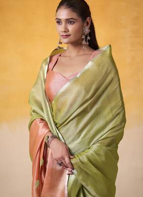 Olive tissue silk with beautiful tussle on pallu casual & office wear saree 3