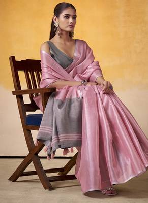 Onion pink tissue silk with beautiful tussle on pallu casual & office wear saree 2