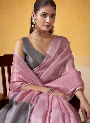 Onion pink tissue silk with beautiful tussle on pallu casual & office wear saree 3