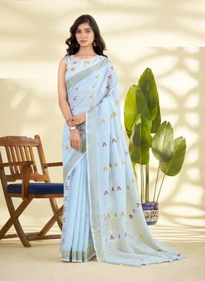 Sky blue linen beautiful tussle on pallu casual wear saree 1