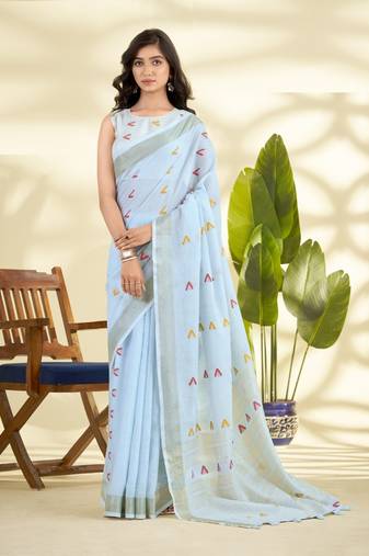 Sky blue linen beautiful tussle on pallu casual wear saree