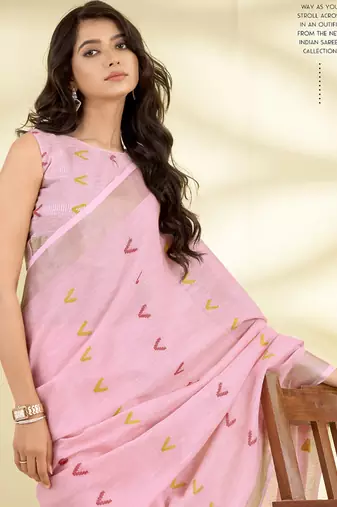 Baby pink linen beautiful tussle on pallu casual wear saree
