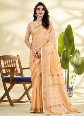Orange linen beautiful tussle on pallu casual wear saree 1