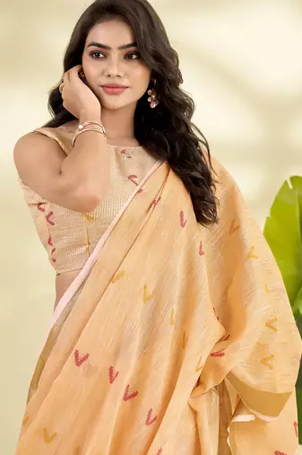 Orange linen beautiful tussle on pallu casual wear saree