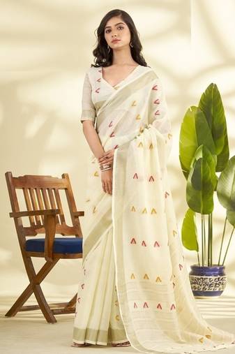 Off-white linen beautiful tussle on pallu casual wear saree