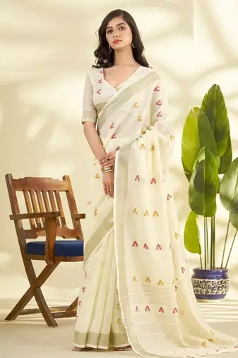Off-white linen beautiful tussle on pallu casual wear saree
