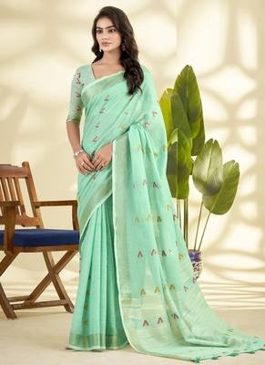 Turquoise  linen beautiful tussle on pallu casual wear saree 1