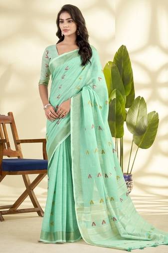 Turquoise  linen beautiful tussle on pallu casual wear saree