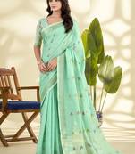 Turquoise  linen beautiful tussle on pallu casual wear saree