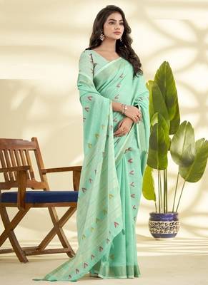 Turquoise  linen beautiful tussle on pallu casual wear saree 2