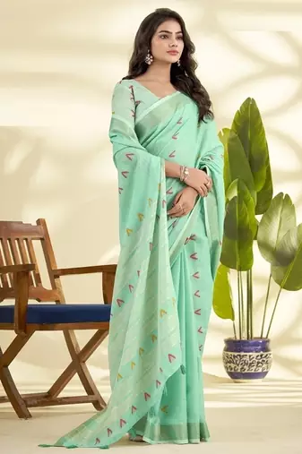 Turquoise  linen beautiful tussle on pallu casual wear saree